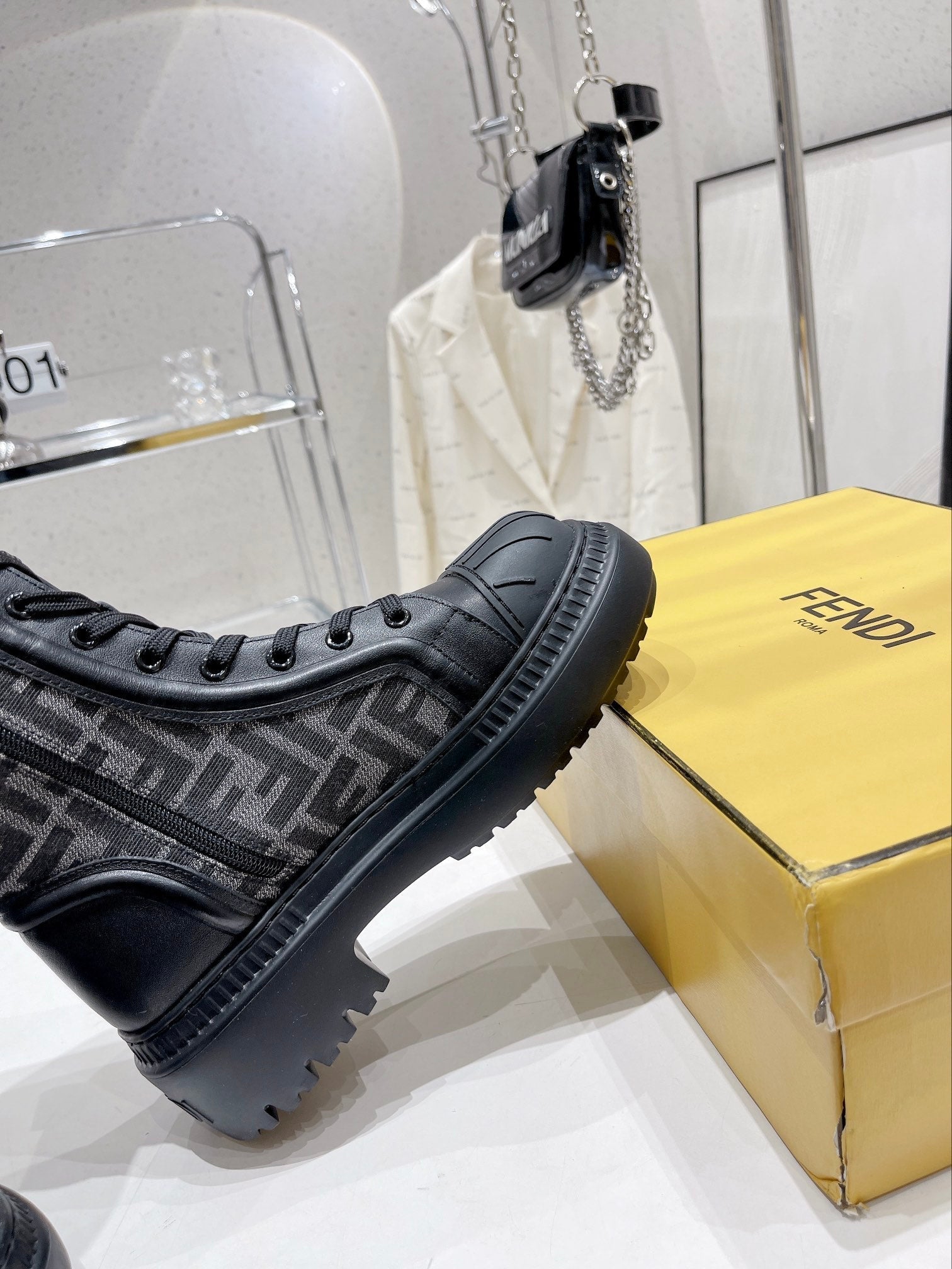 Fendi DOMINO New Monogram Lace-up Boots Black in Sheepskin 576795