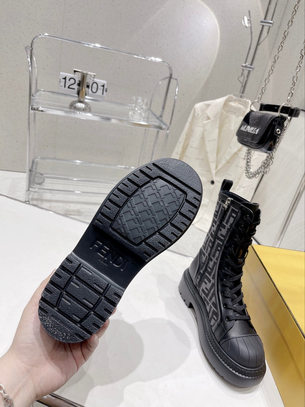 Fendi DOMINO New Monogram Lace-up Boots Black in Sheepskin 576795