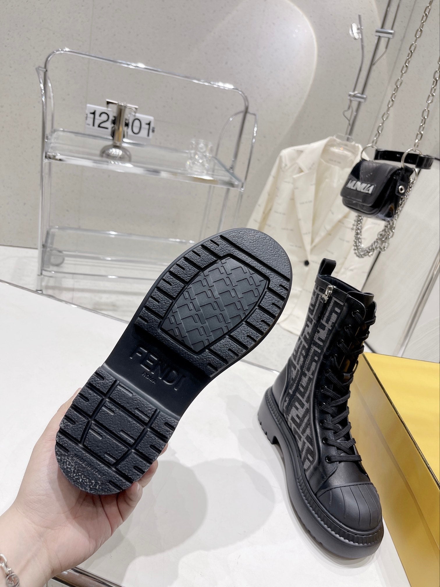 Fendi DOMINO New Monogram Lace-up Boots Black in Sheepskin 576795