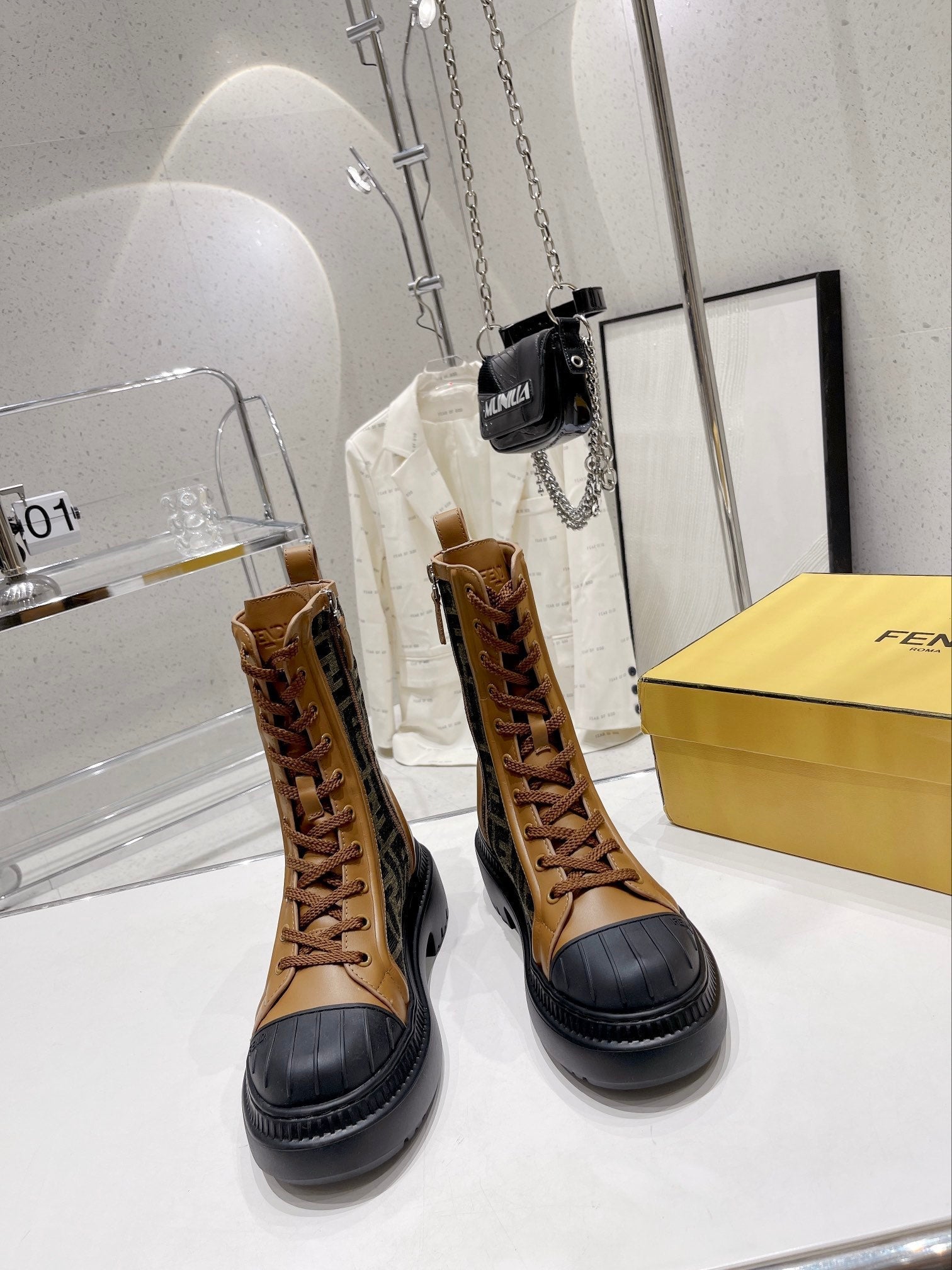 Fendi DOMINO New Monogram Lace-up Boots Brown in Sheepskin 576794