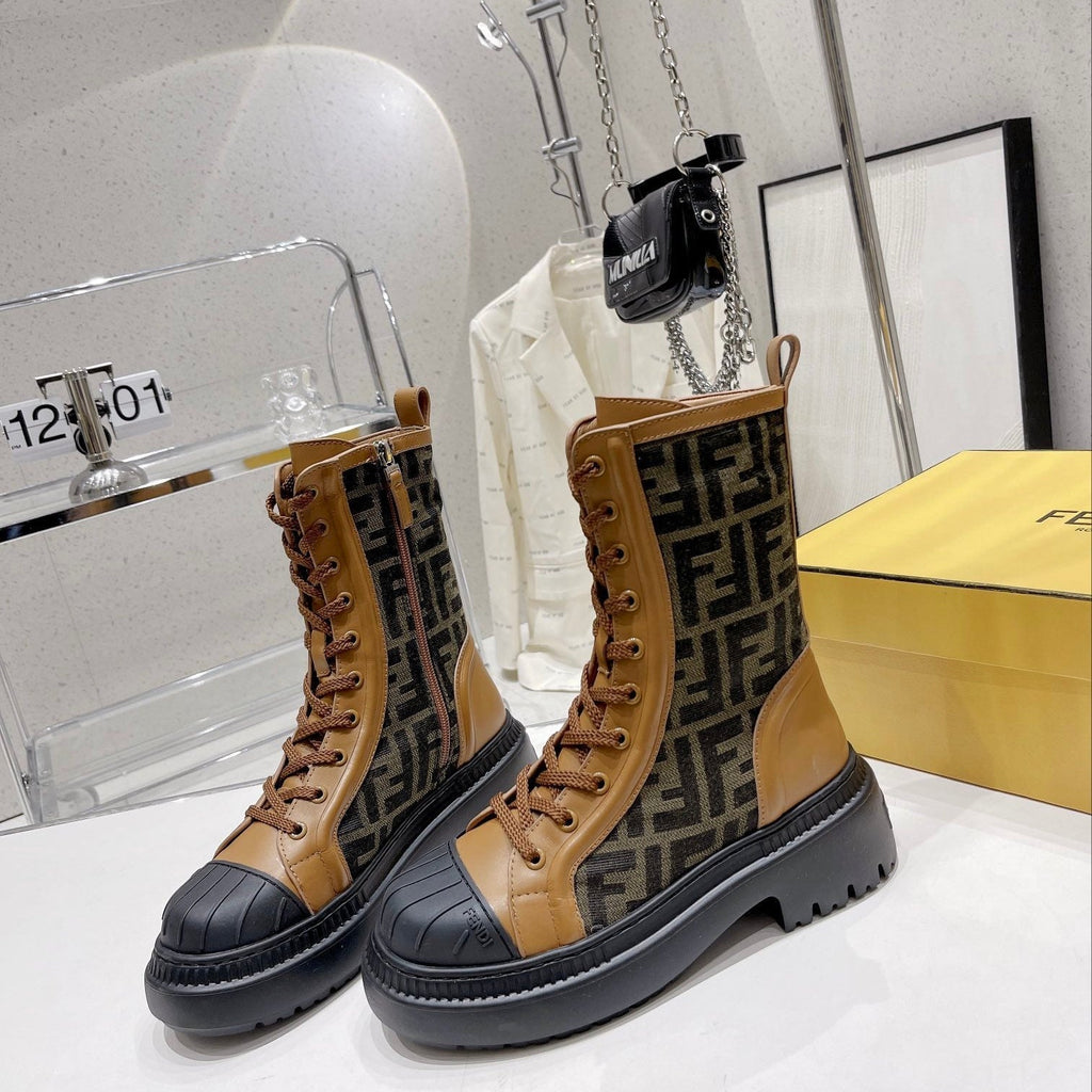 Fendi DOMINO New Monogram Lace-up Boots Brown in Sheepskin 576794