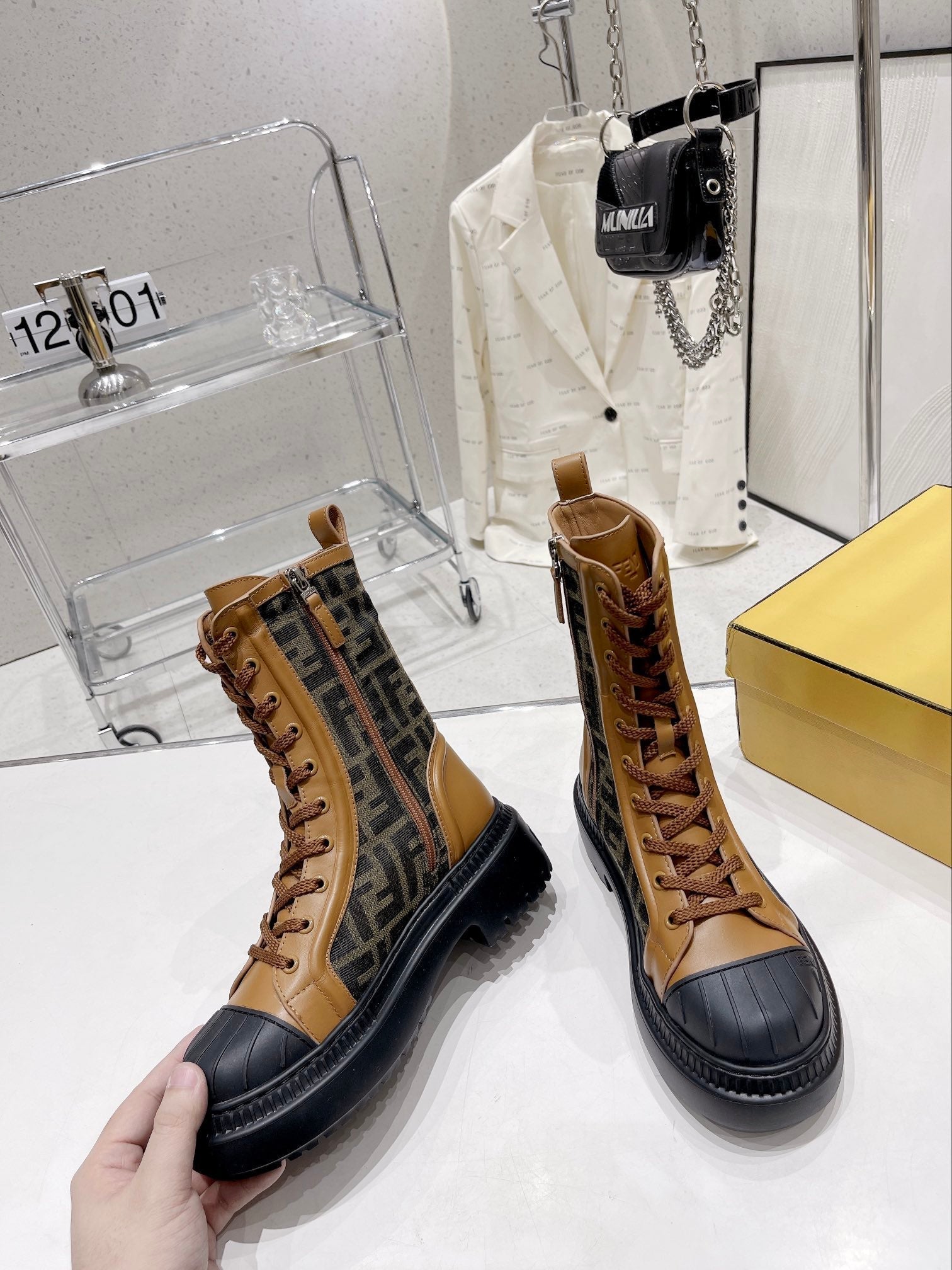 Fendi DOMINO New Monogram Lace-up Boots Brown in Sheepskin 576794