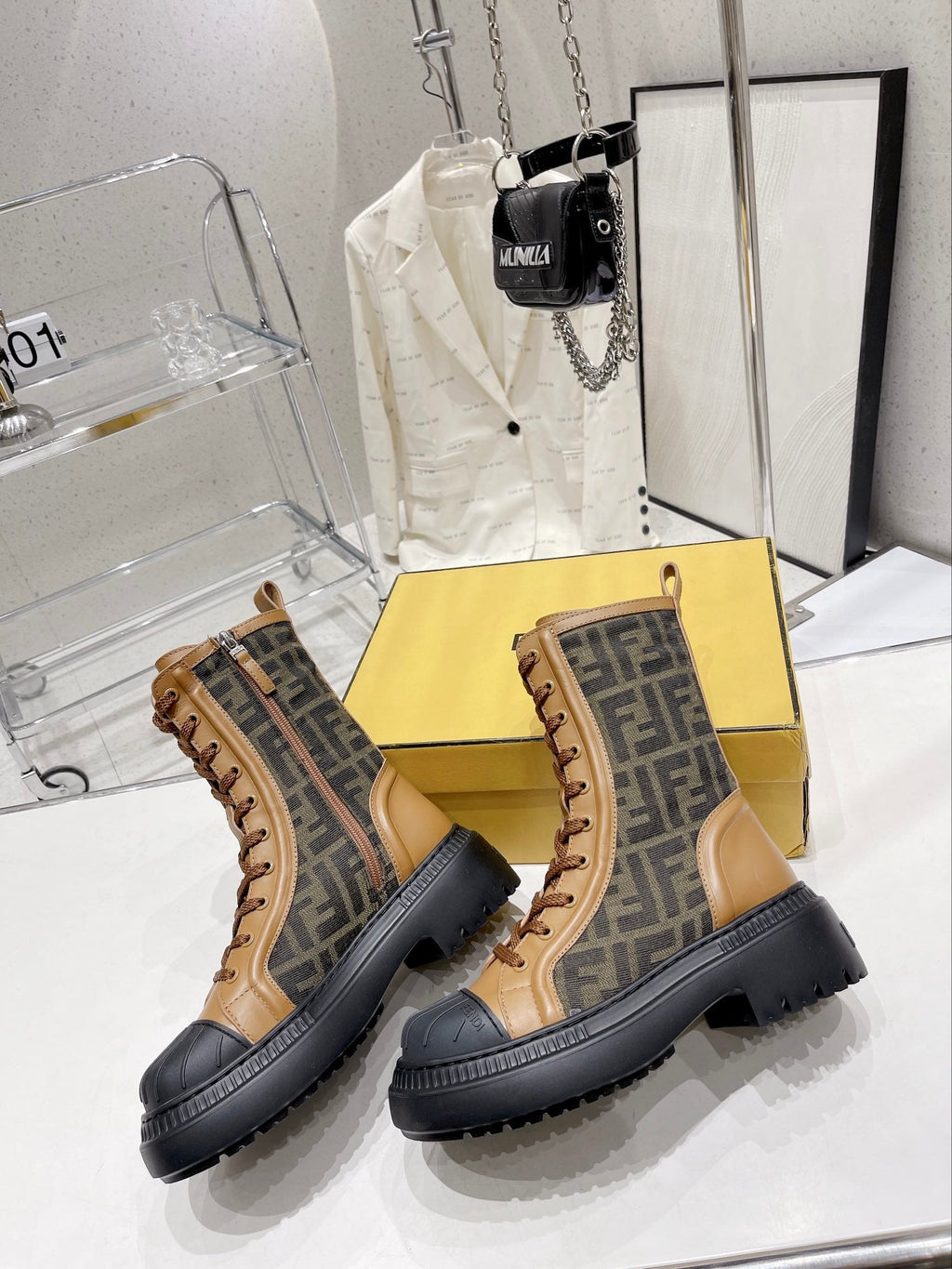 Fendi DOMINO New Monogram Lace-up Boots Brown in Sheepskin 576794