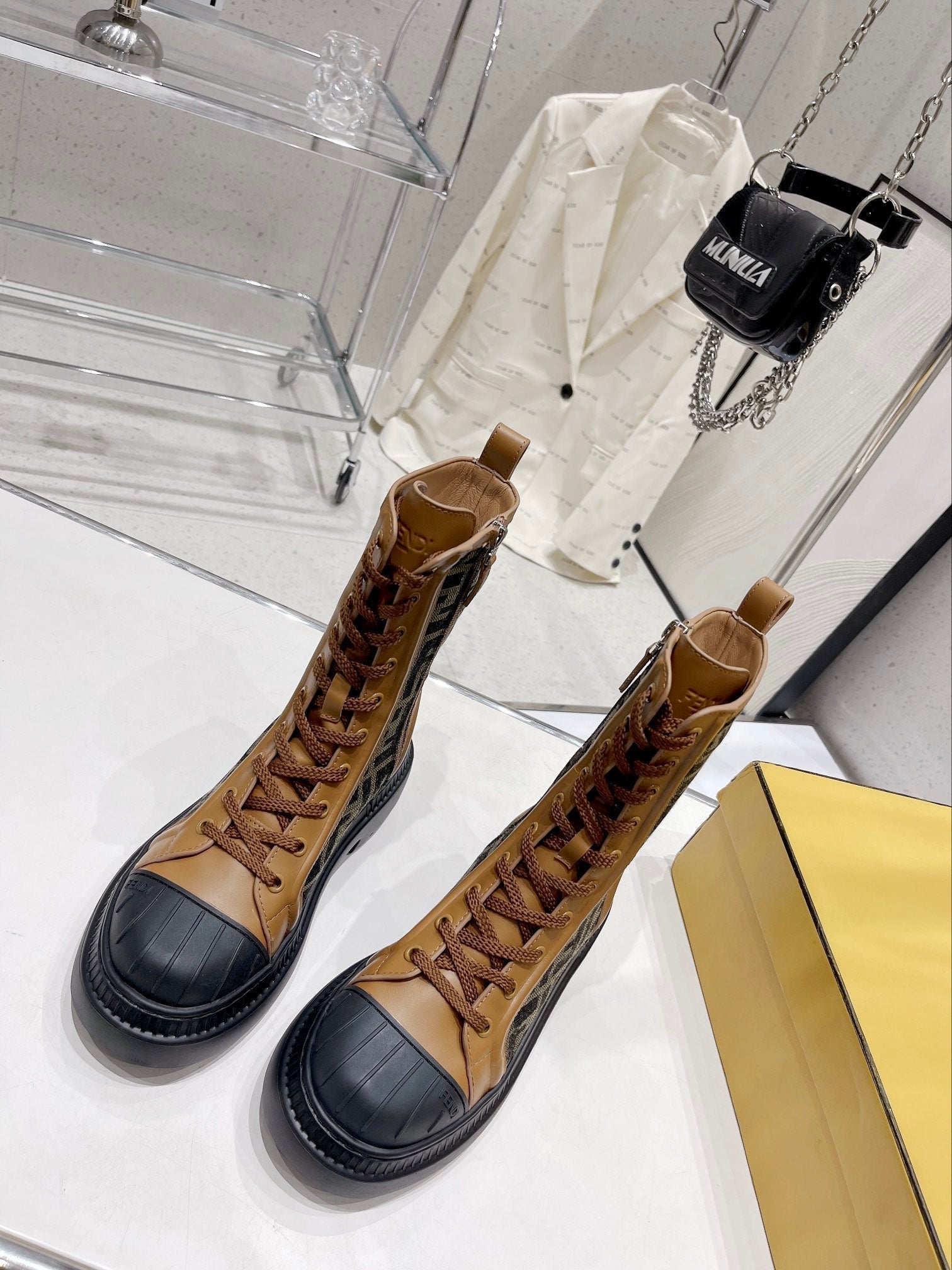 Fendi DOMINO New Monogram Lace-up Boots Brown in Sheepskin 576794