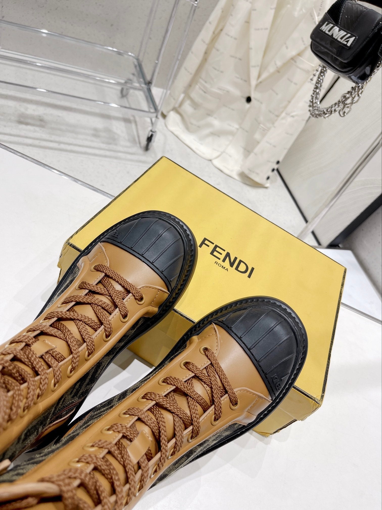 Fendi DOMINO New Monogram Lace-up Boots Brown in Sheepskin 576794