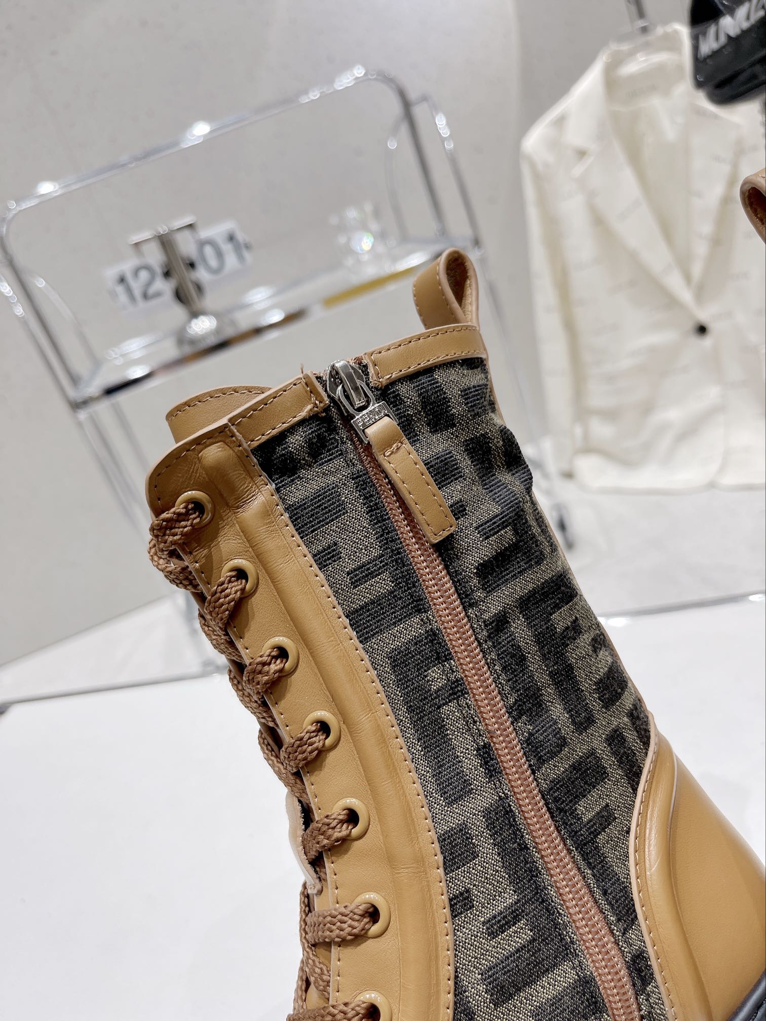 Fendi DOMINO New Monogram Lace-up Boots Brown in Sheepskin 576794