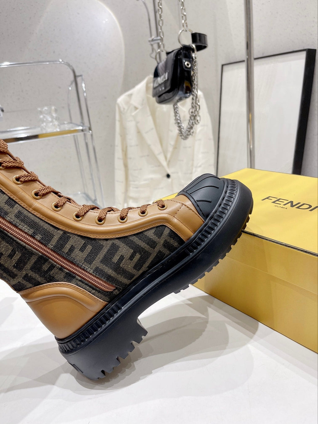 Fendi DOMINO New Monogram Lace-up Boots Brown in Sheepskin 576794