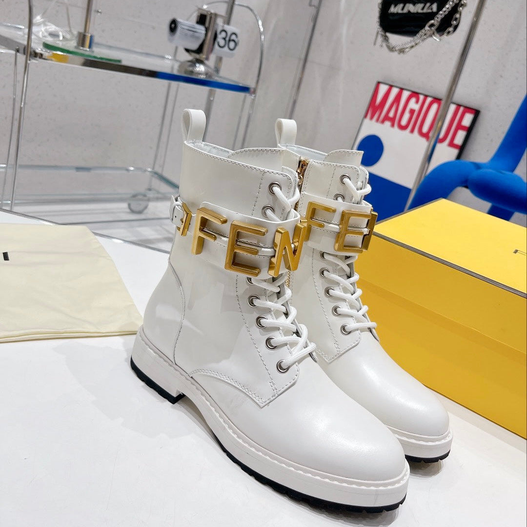 Fendi Martin Boots with Metal Buckle White in Cowhide 576793