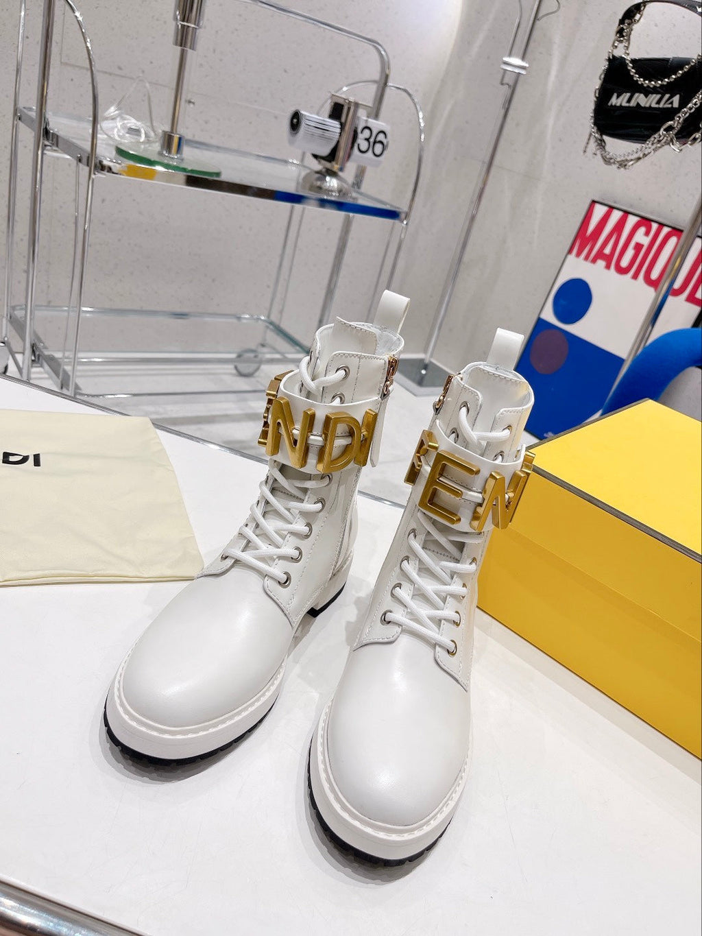 Fendi Martin Boots with Metal Buckle White in Cowhide 576793