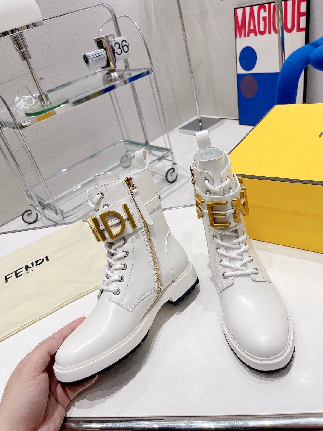 Fendi Martin Boots with Metal Buckle White in Cowhide 576793