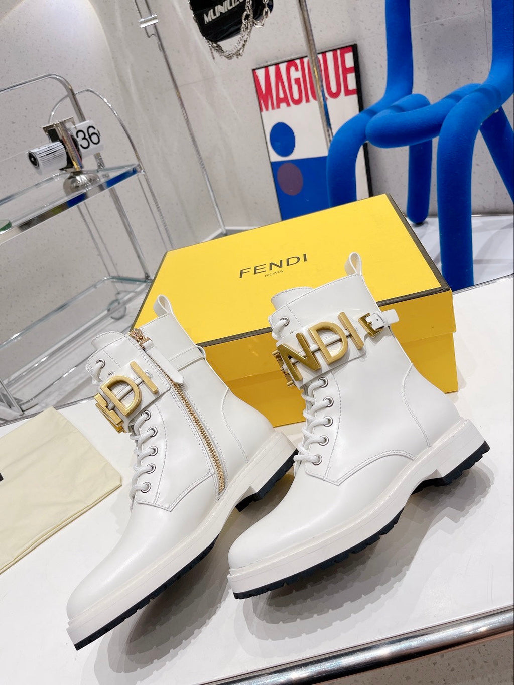 Fendi Martin Boots with Metal Buckle White in Cowhide 576793