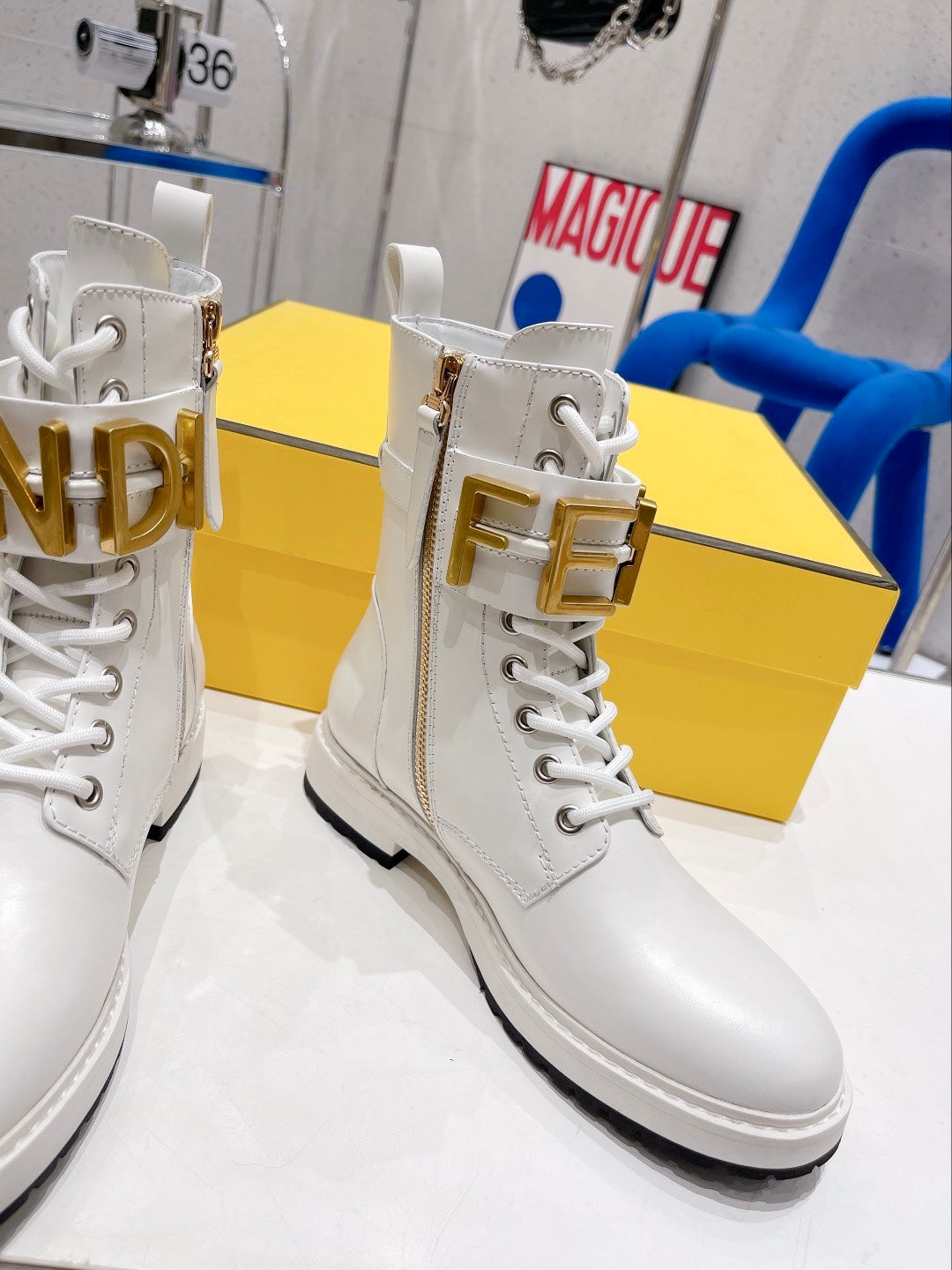 Fendi Martin Boots with Metal Buckle White in Cowhide 576793