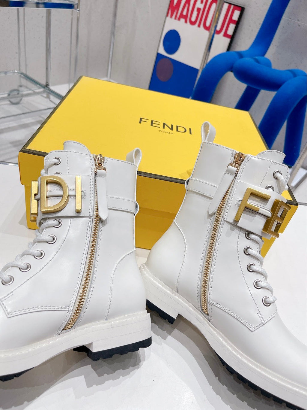 Fendi Martin Boots with Metal Buckle White in Cowhide 576793
