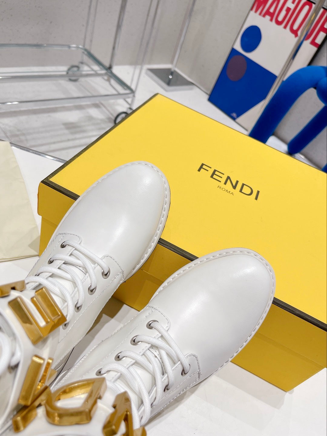 Fendi Martin Boots with Metal Buckle White in Cowhide 576793