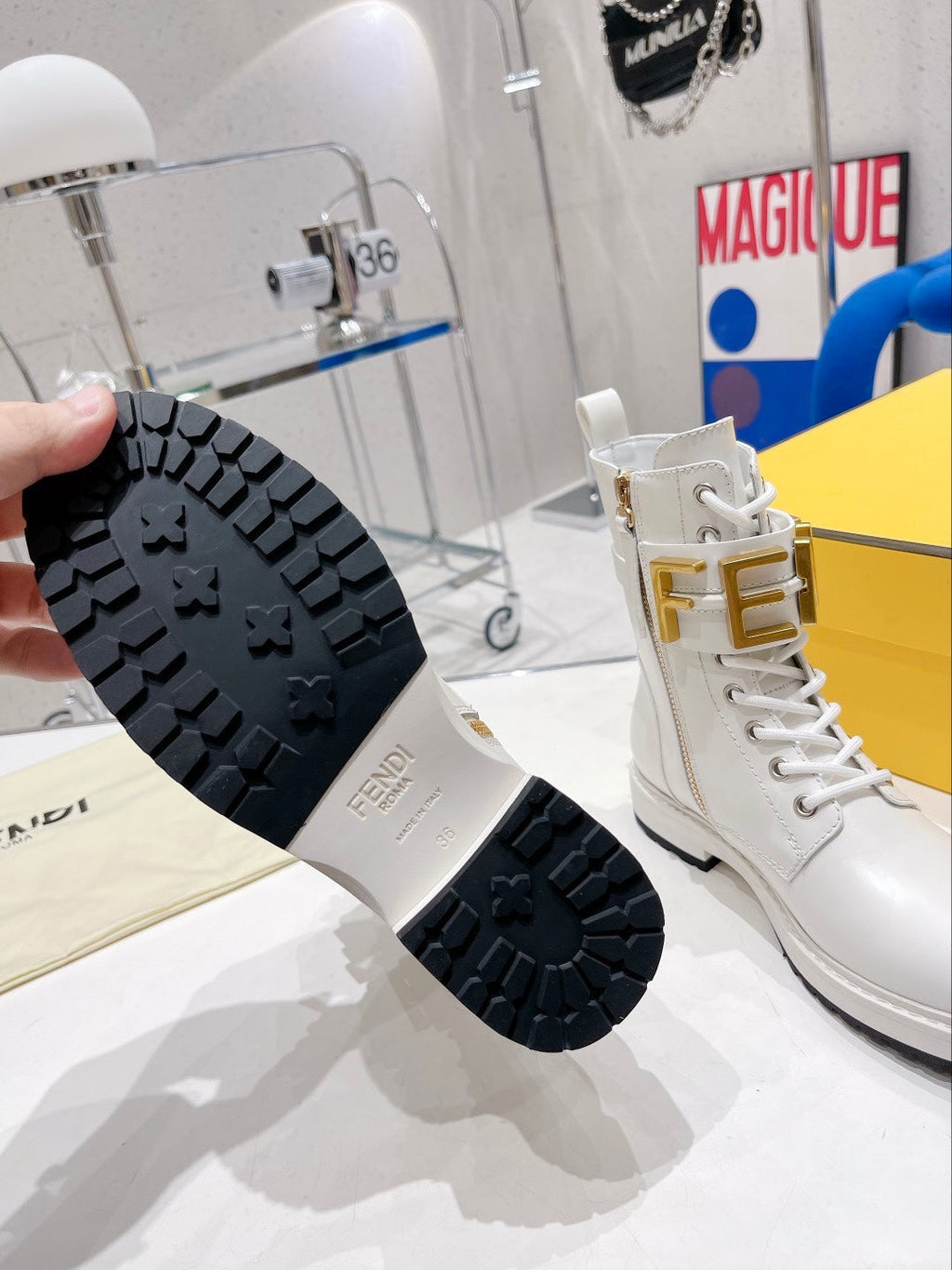 Fendi Martin Boots with Metal Buckle White in Cowhide 576793