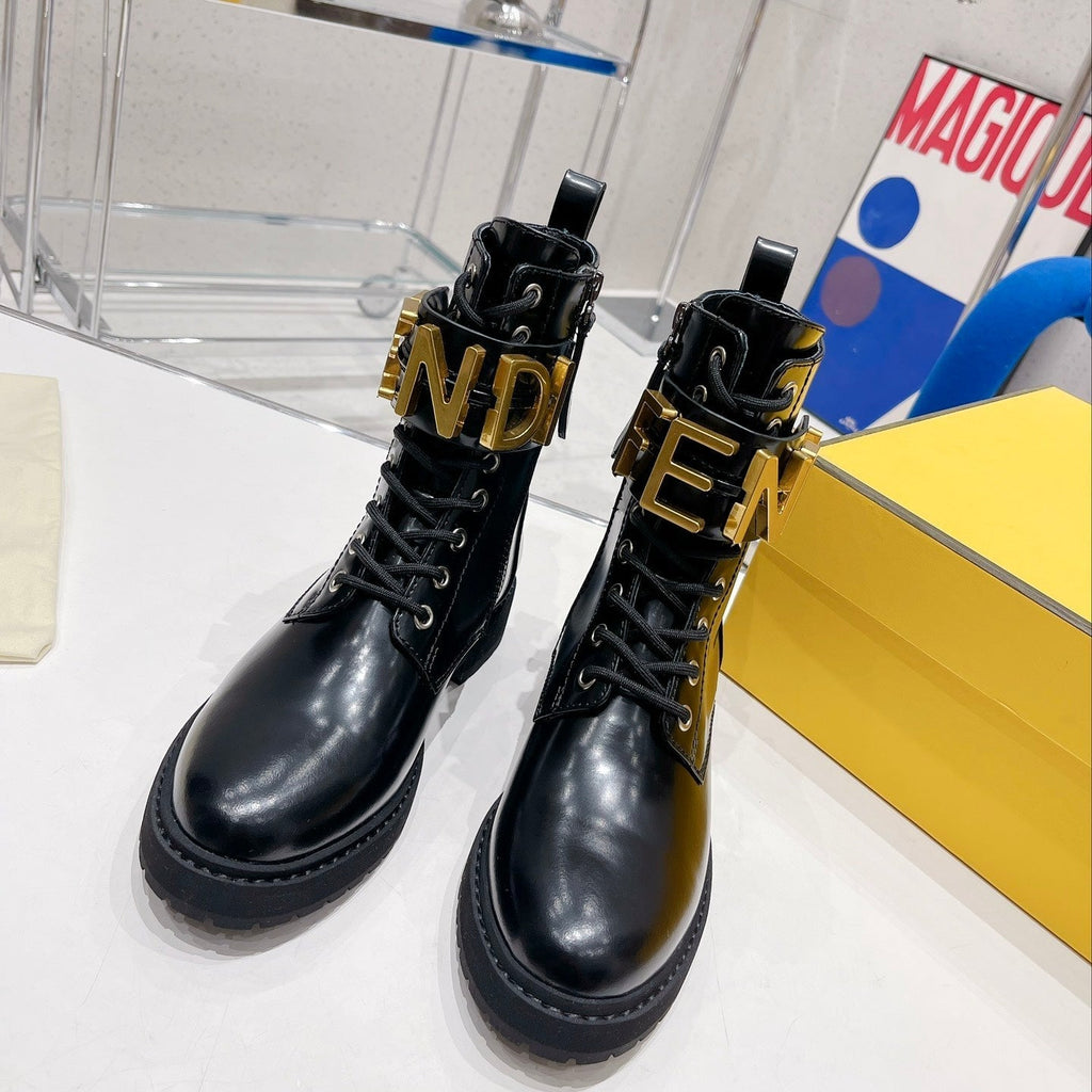 Fendi Martin Boots with Metal Buckle Black in Cowhide 576792