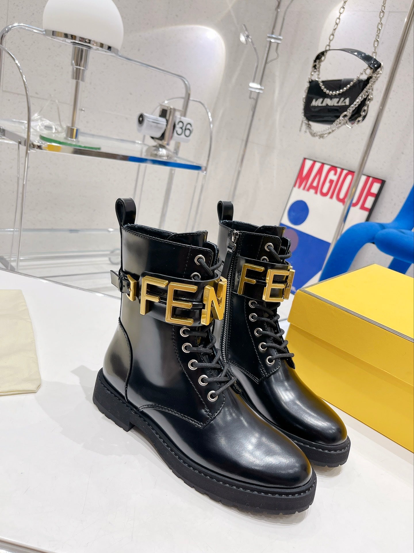 Fendi Martin Boots with Metal Buckle Black in Cowhide 576792