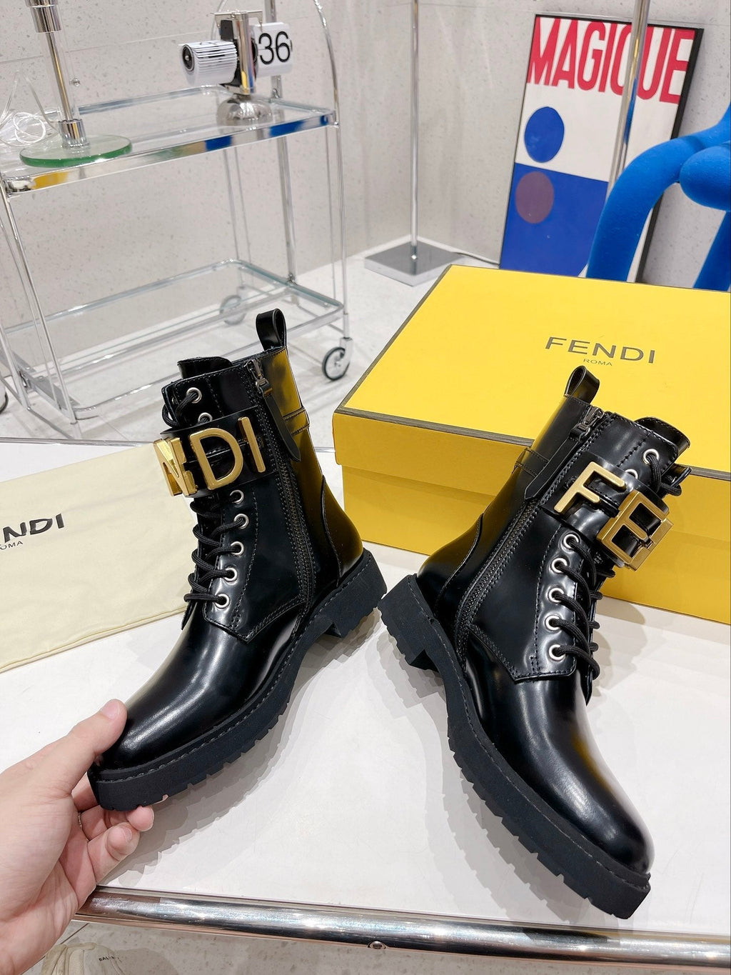 Fendi Martin Boots with Metal Buckle Black in Cowhide 576792