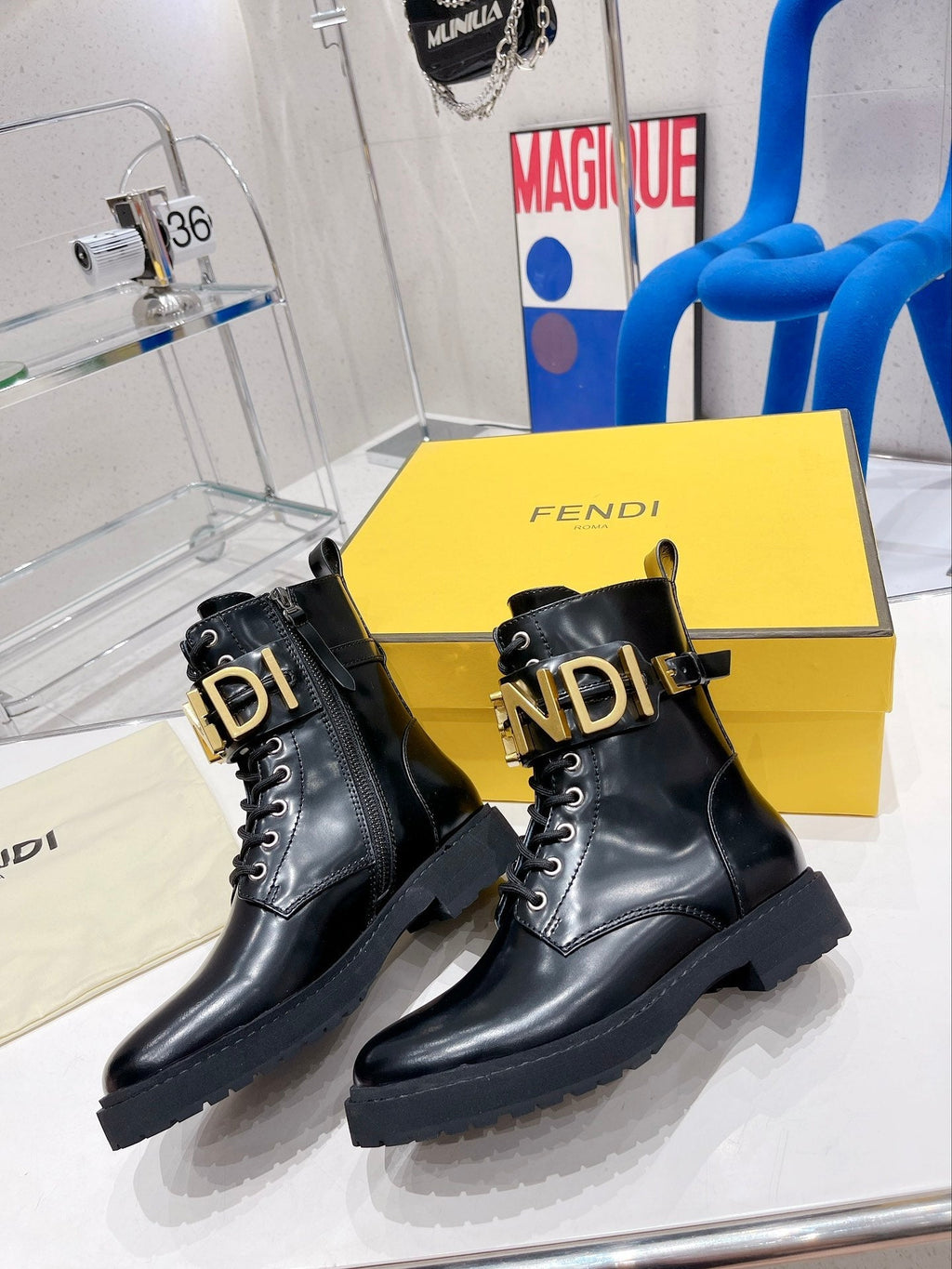 Fendi Martin Boots with Metal Buckle Black in Cowhide 576792