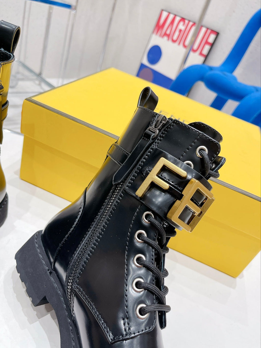 Fendi Martin Boots with Metal Buckle Black in Cowhide 576792