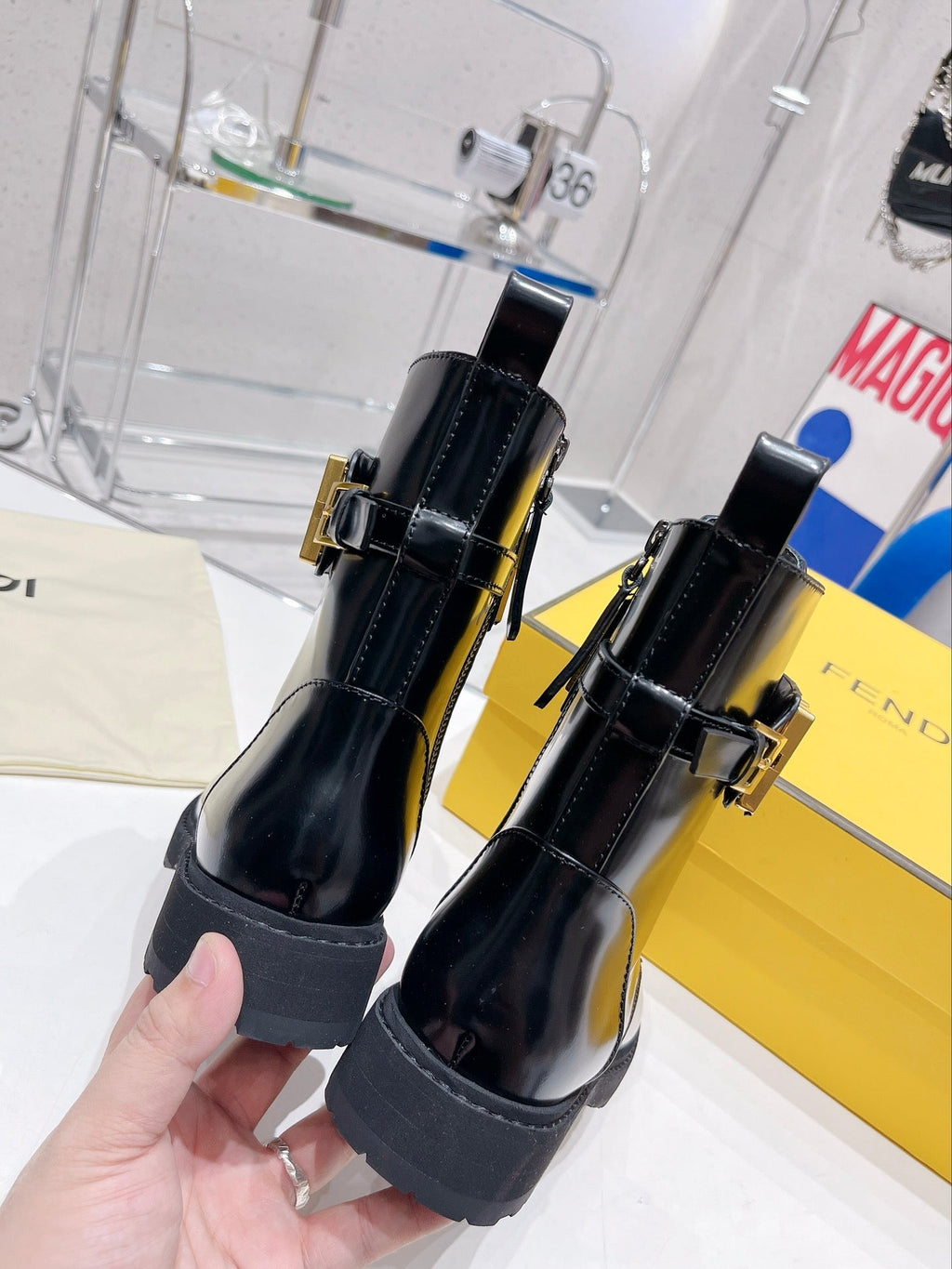 Fendi Martin Boots with Metal Buckle Black in Cowhide 576792