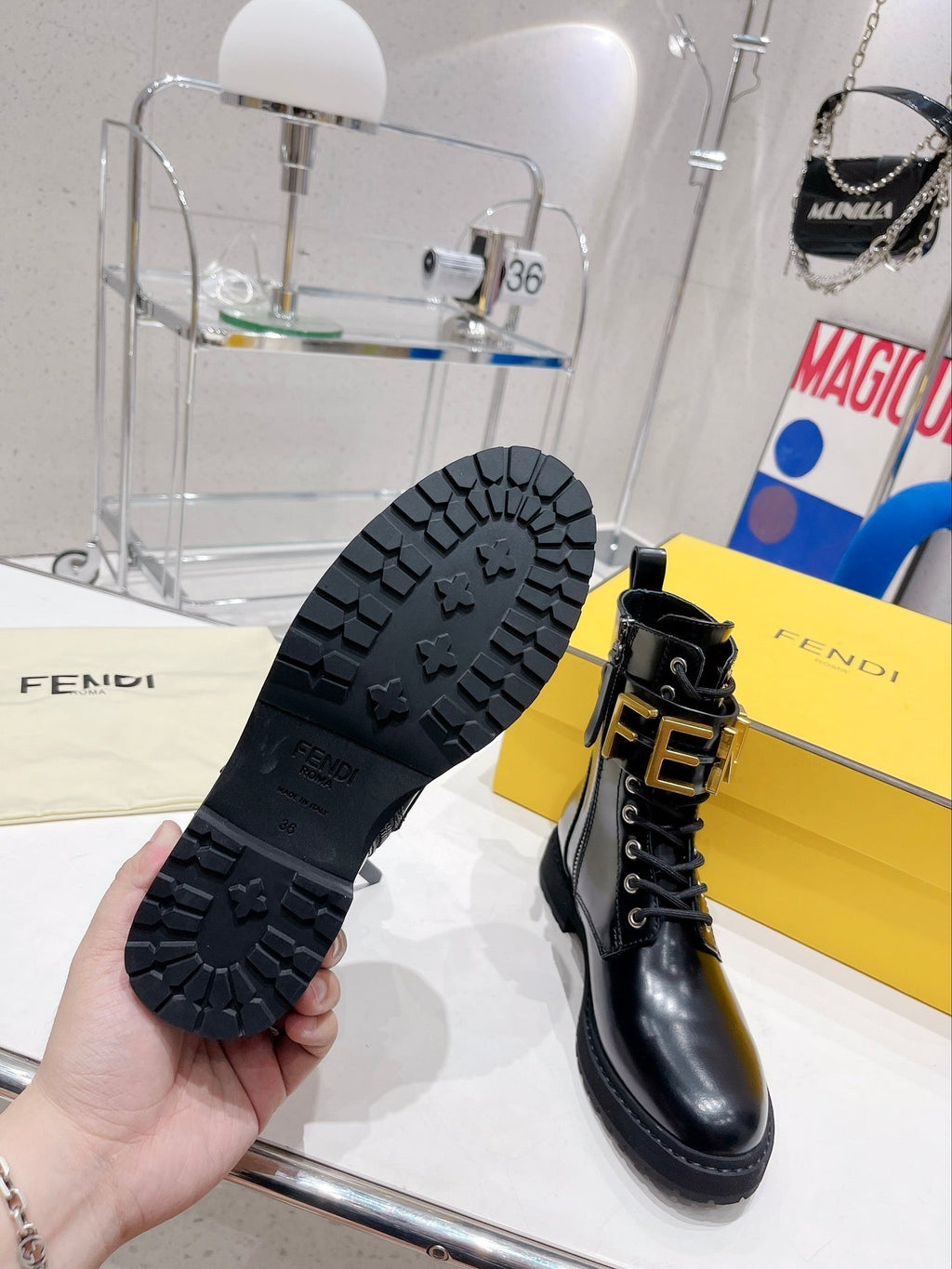 Fendi Martin Boots with Metal Buckle Black in Cowhide 576792