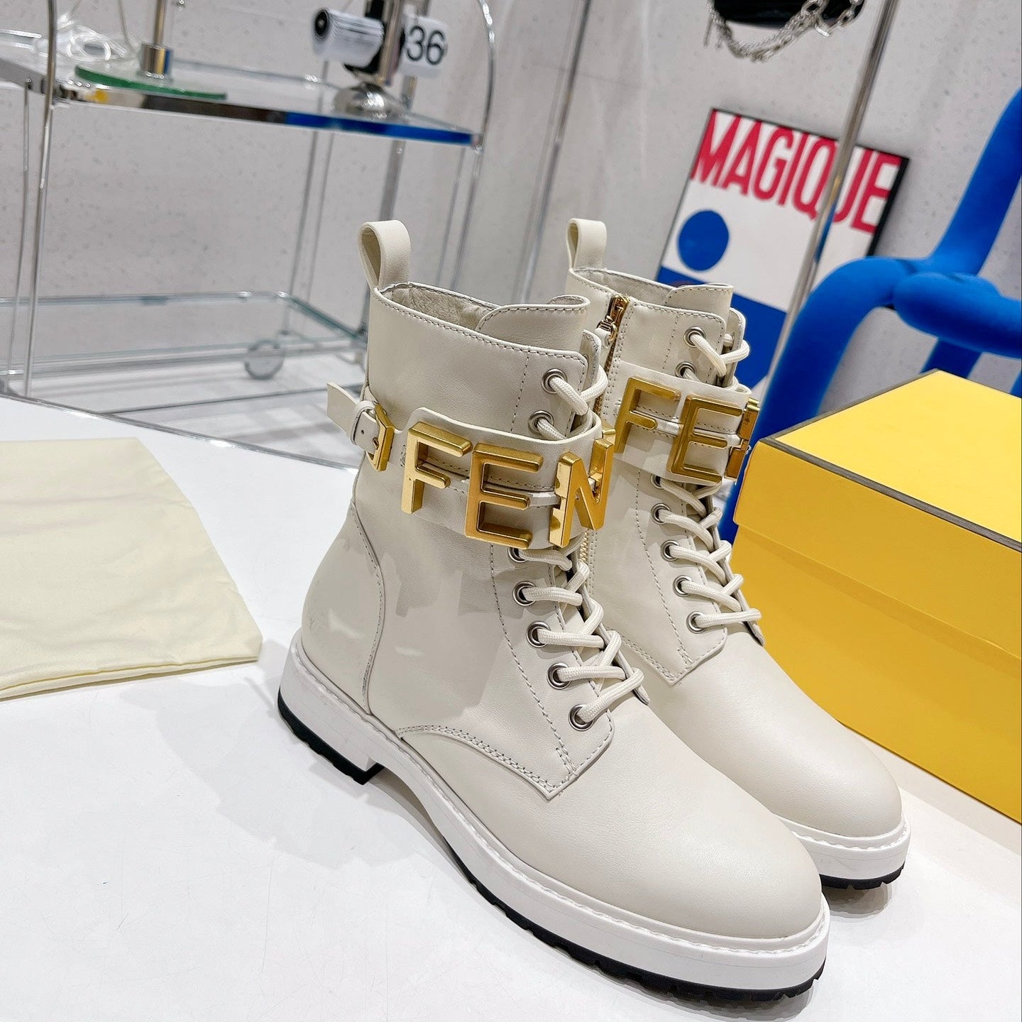 Fendi Martin Boots with Metal Buckle Ivory White in Cowhide 576793