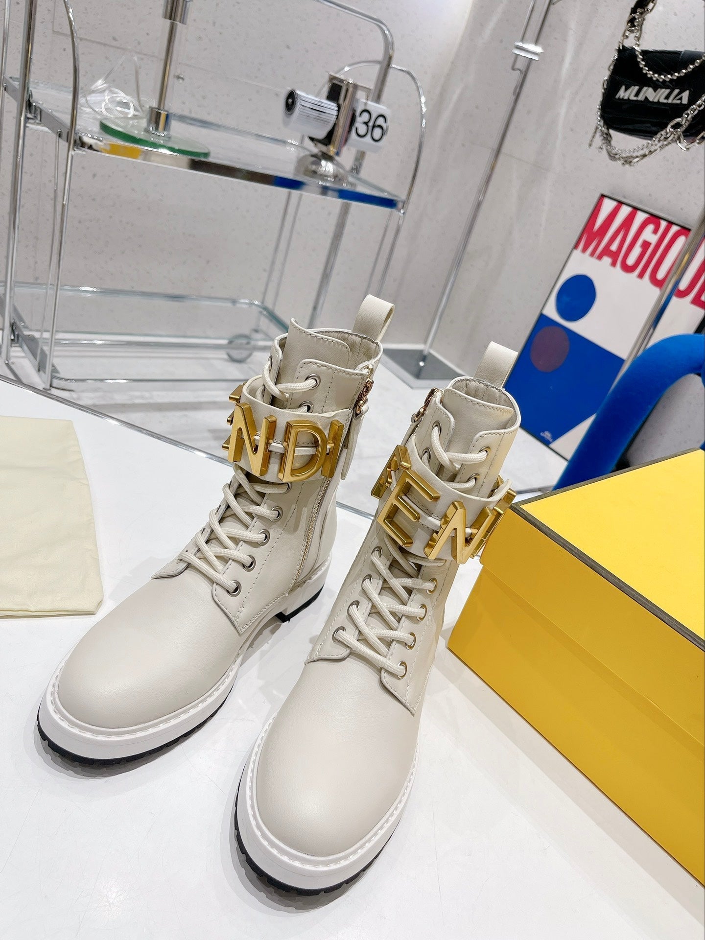 Fendi Martin Boots with Metal Buckle Ivory White in Cowhide 576793