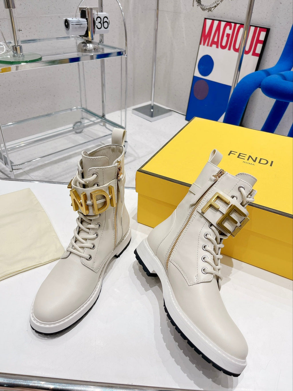 Fendi Martin Boots with Metal Buckle Ivory White in Cowhide 576793