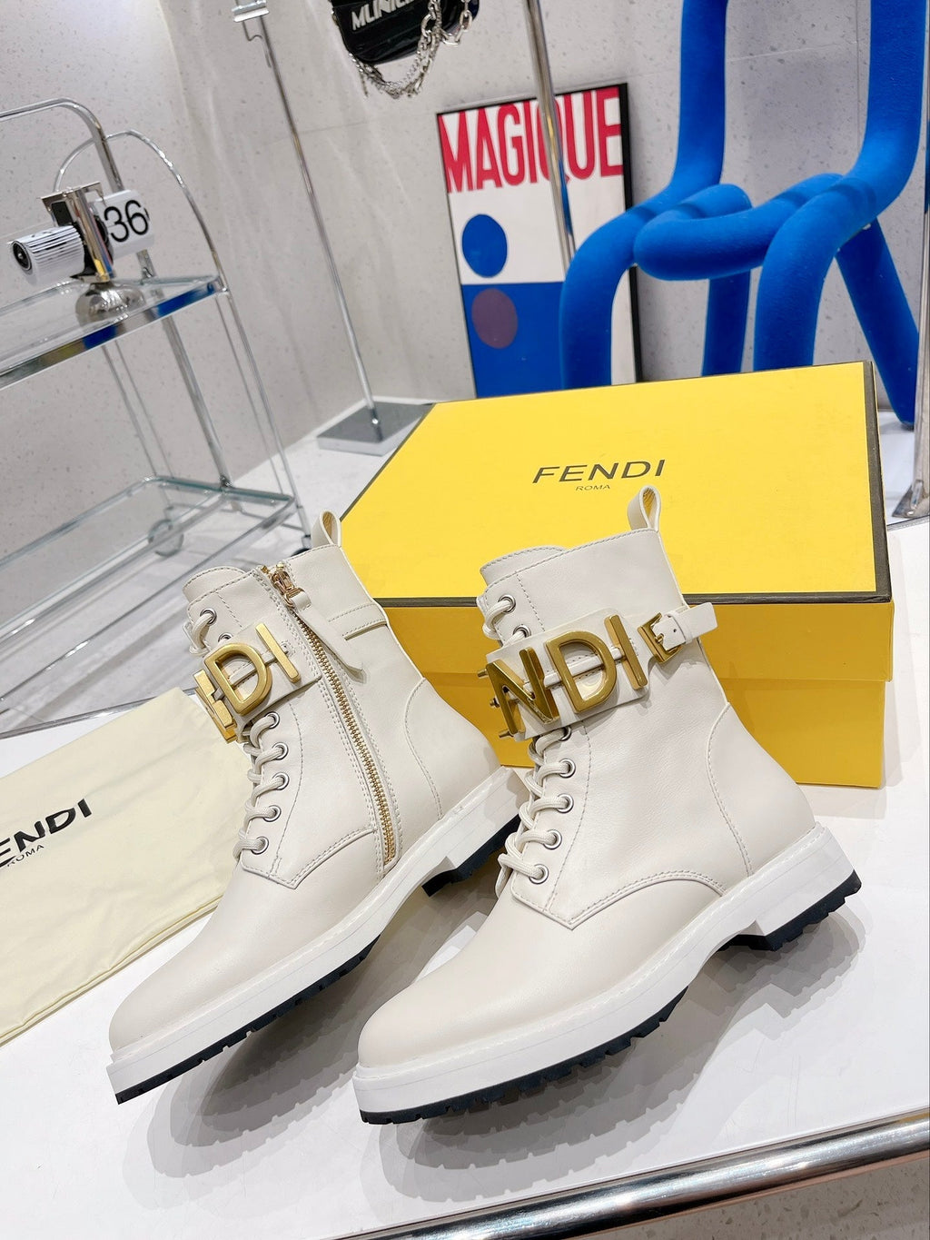 Fendi Martin Boots with Metal Buckle Ivory White in Cowhide 576793