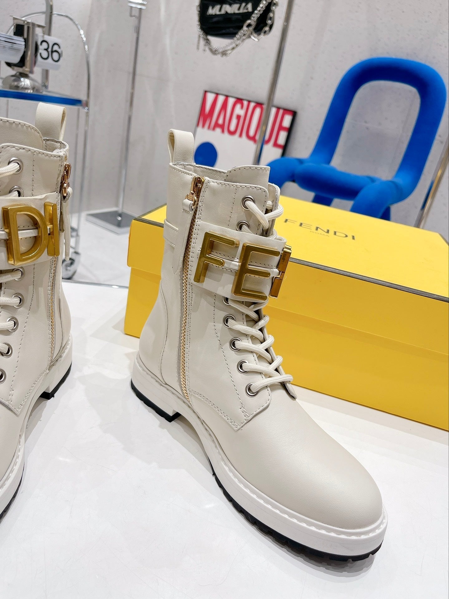 Fendi Martin Boots with Metal Buckle Ivory White in Cowhide 576793