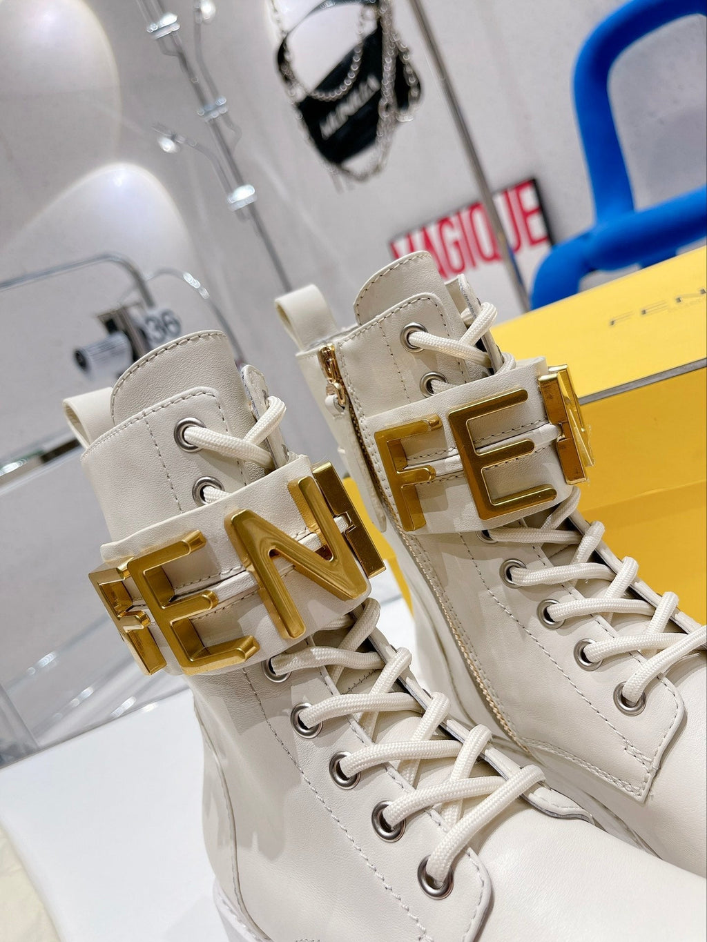 Fendi Martin Boots with Metal Buckle Ivory White in Cowhide 576793