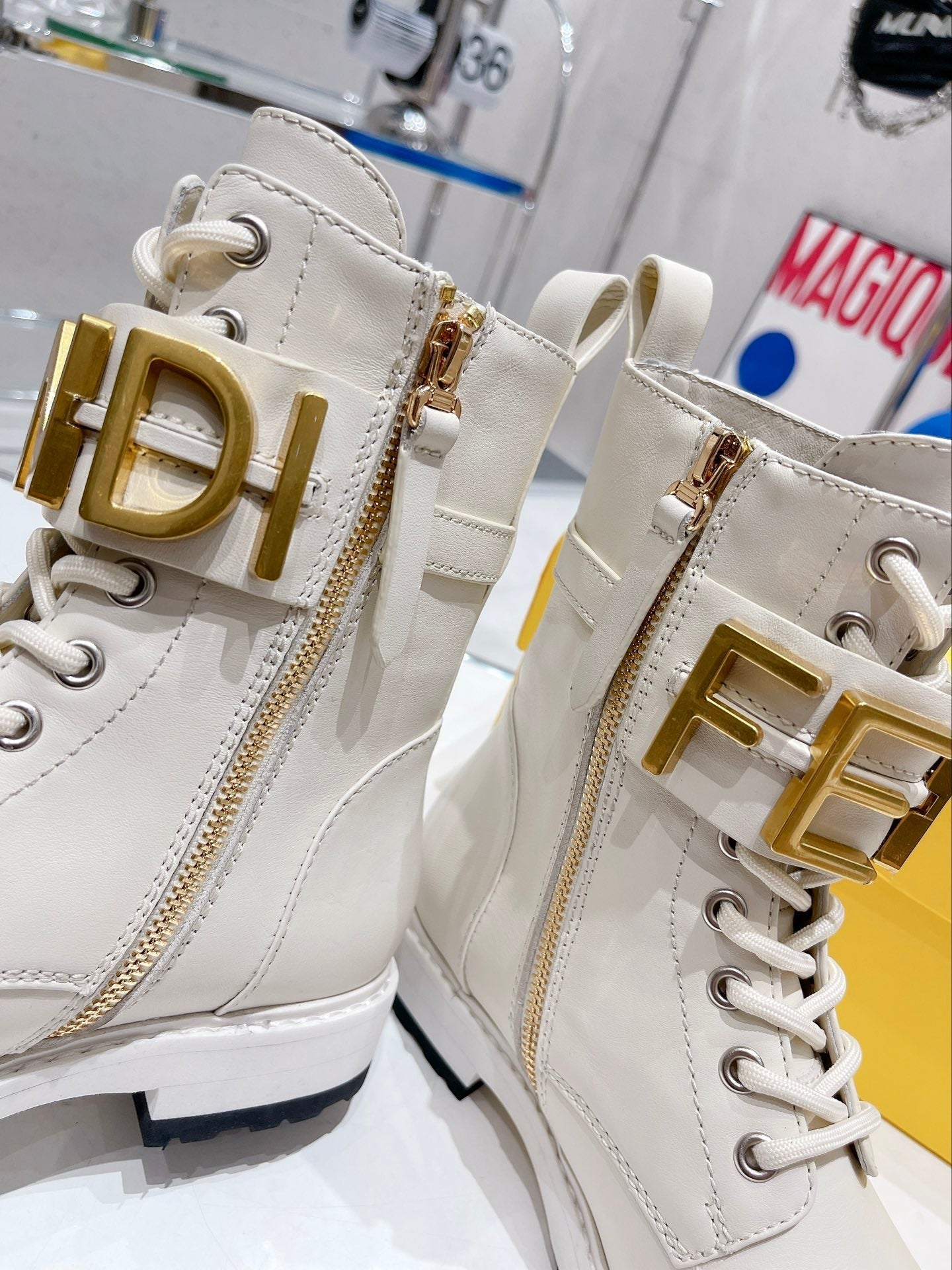 Fendi Martin Boots with Metal Buckle Ivory White in Cowhide 576793