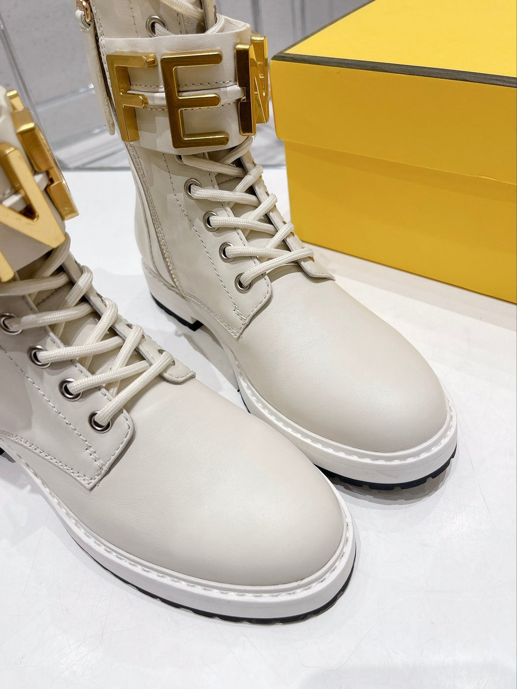 Fendi Martin Boots with Metal Buckle Ivory White in Cowhide 576793