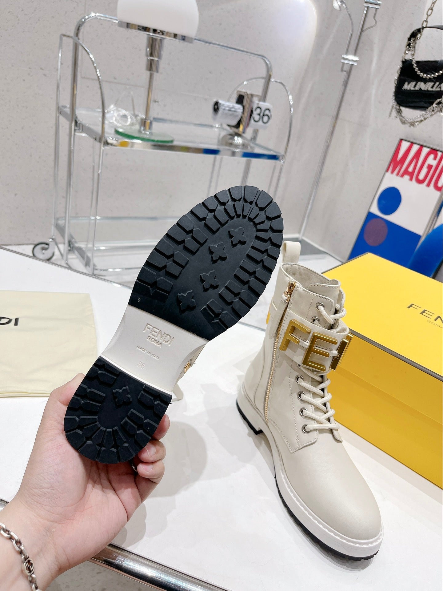 Fendi Martin Boots with Metal Buckle Ivory White in Cowhide 576793