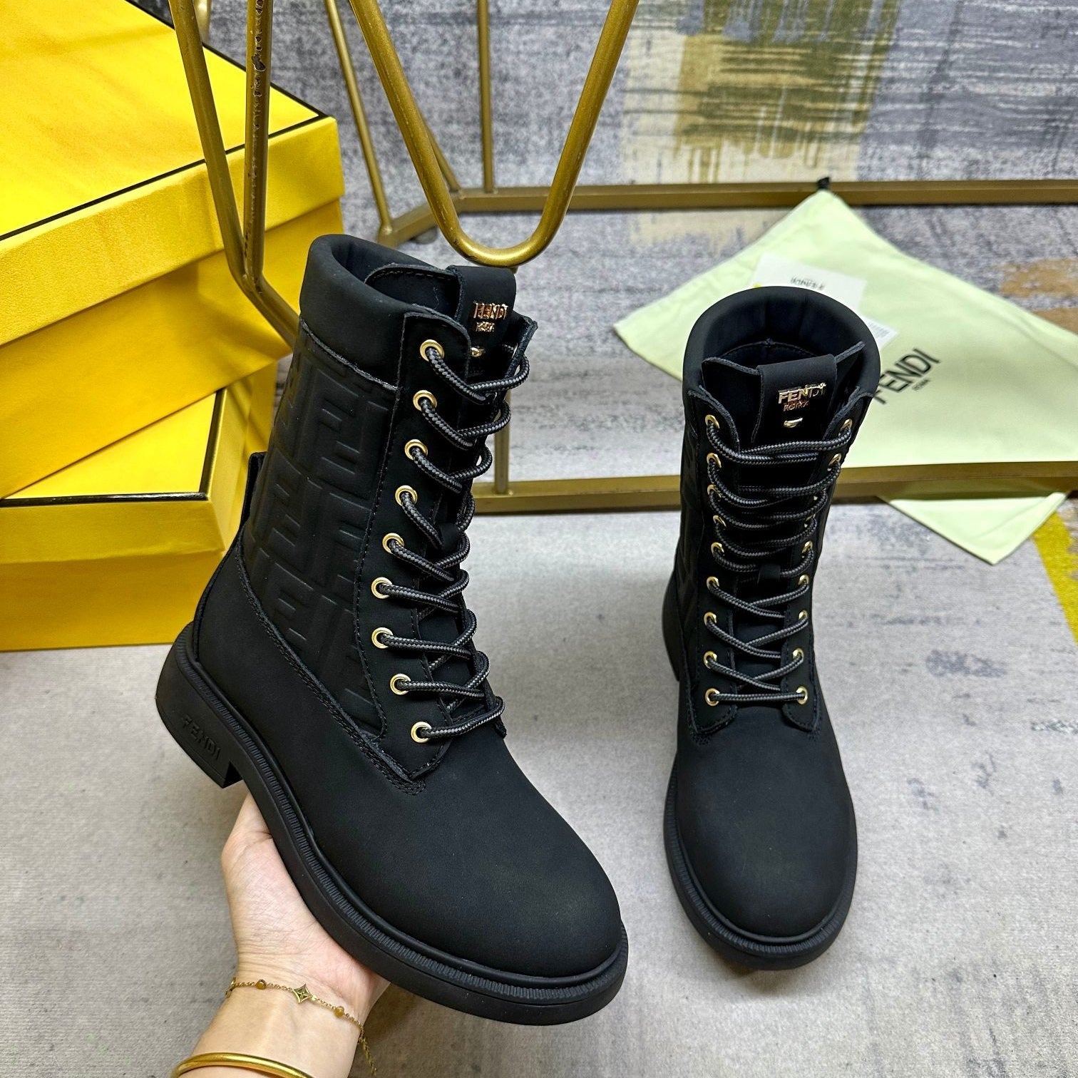 Fendi Filo Lace-up Military Boots Black Suede 575422