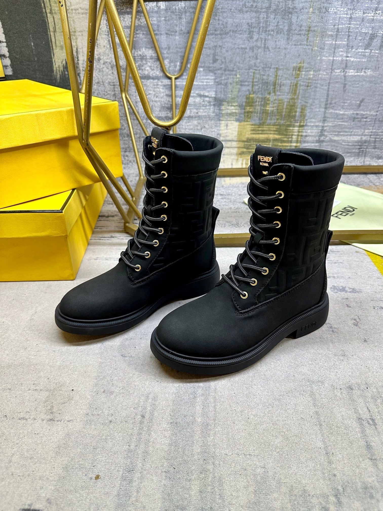 Fendi Filo Lace-up Military Boots Black Suede 575422