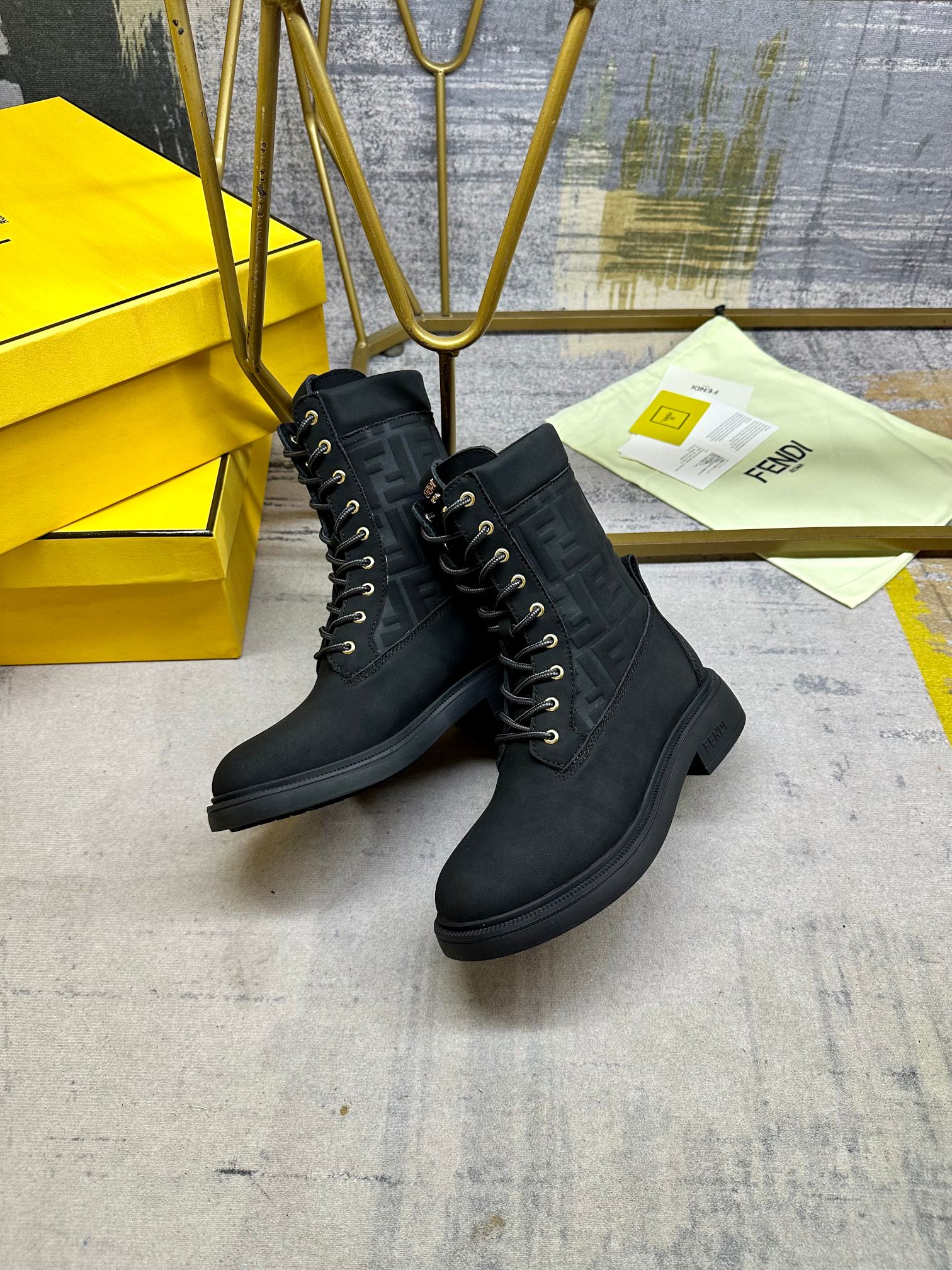 Fendi Filo Lace-up Military Boots Black Suede 575422