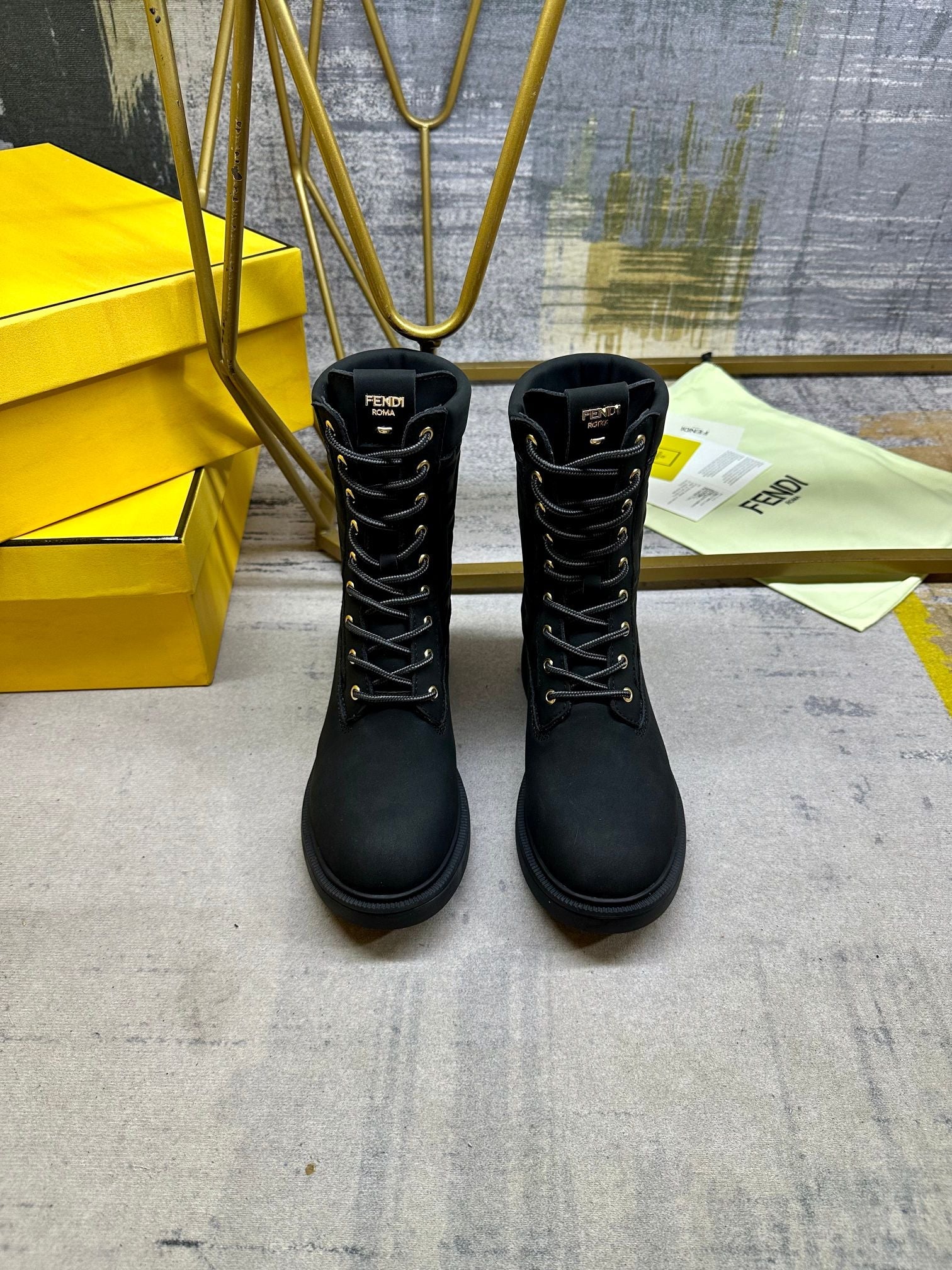 Fendi Filo Lace-up Military Boots Black Suede 575422