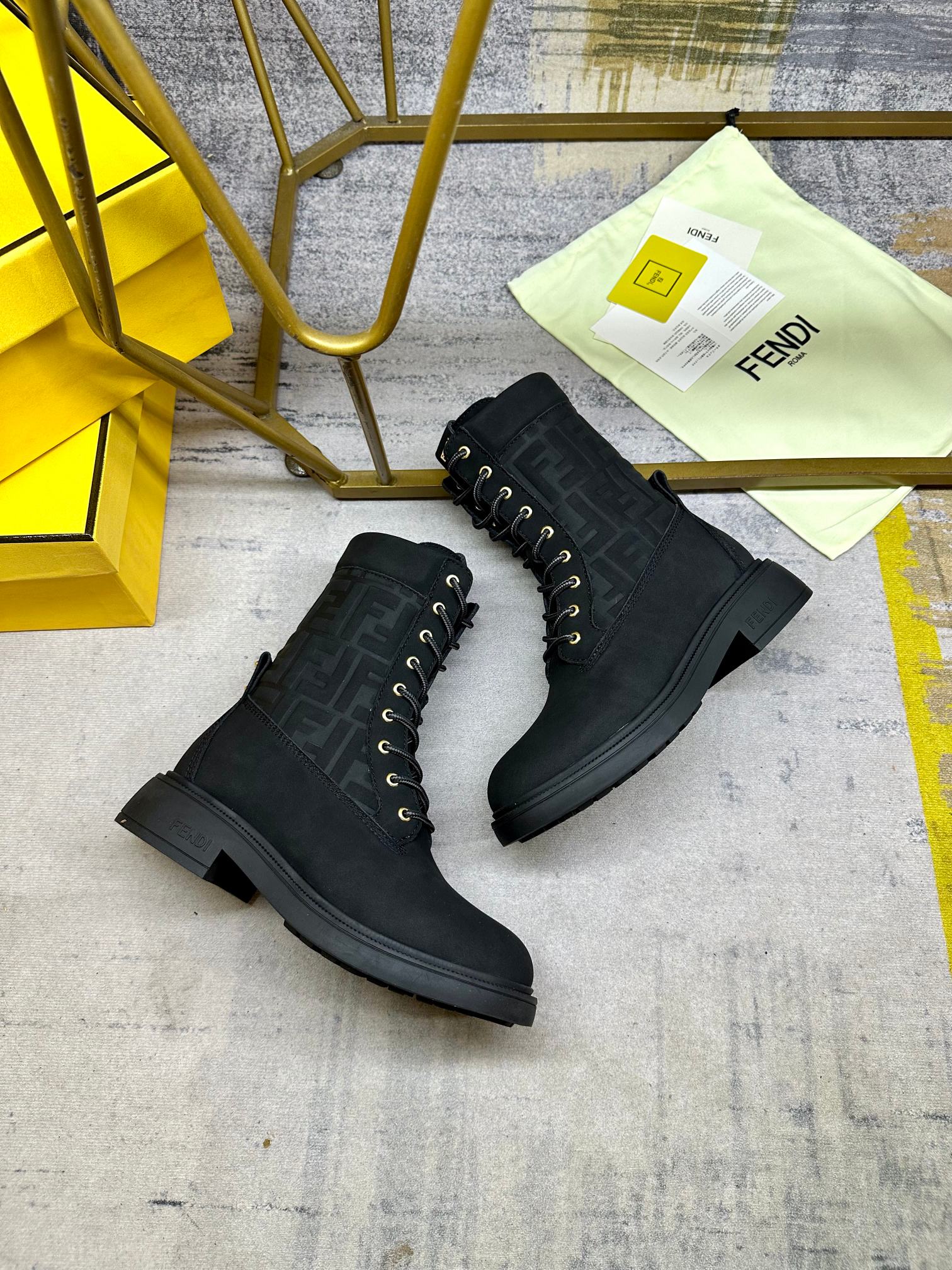 Fendi Filo Lace-up Military Boots Black Suede 575422