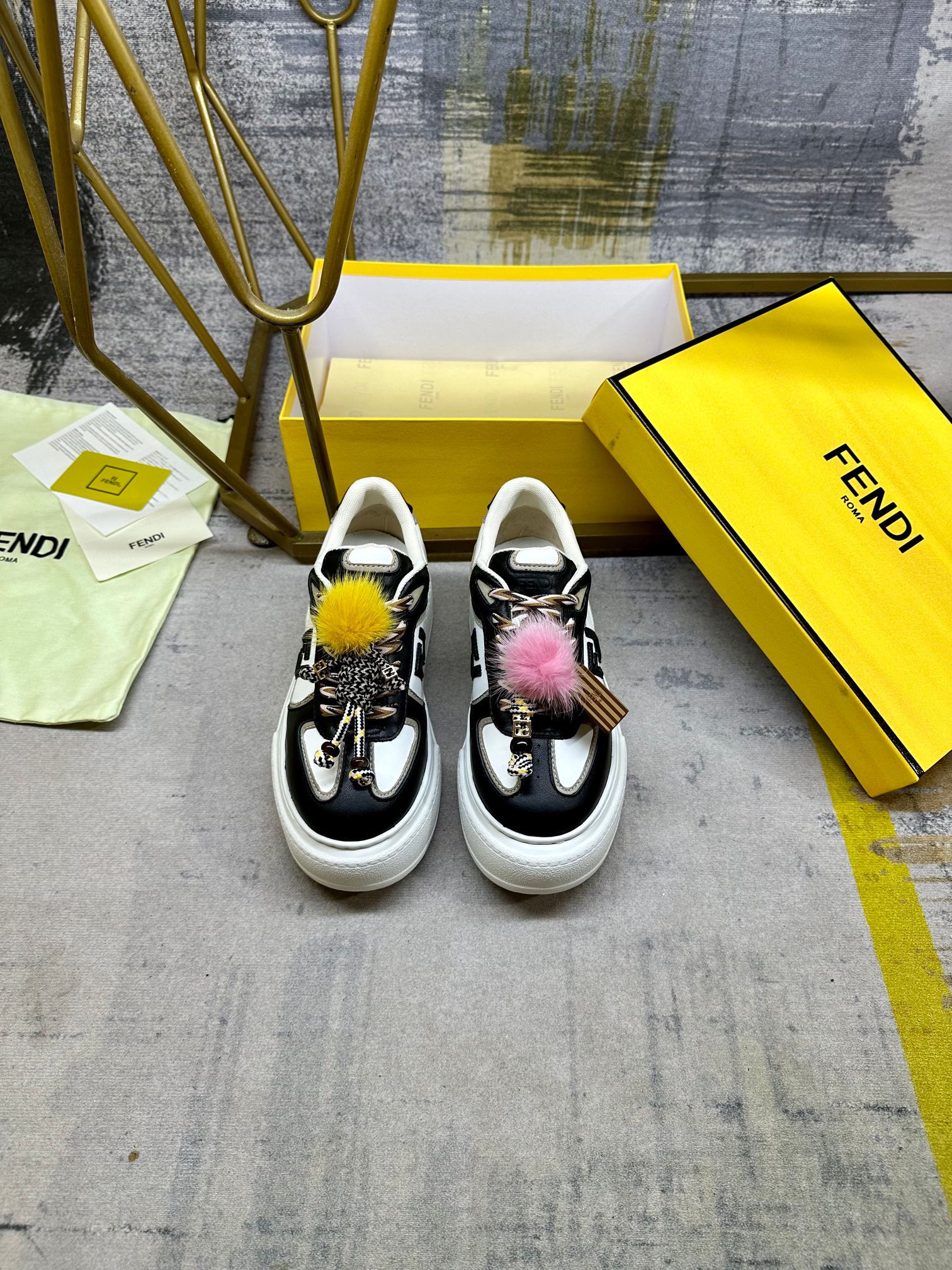 Fendi Match Lace-up Sneakers Black White Sheepskin 575414