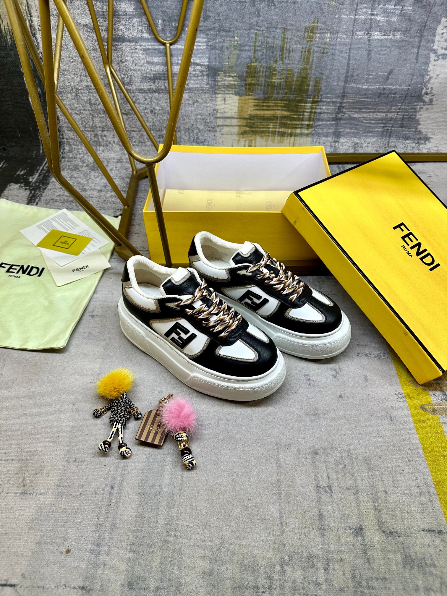 Fendi Match Lace-up Sneakers Black White Sheepskin 575414