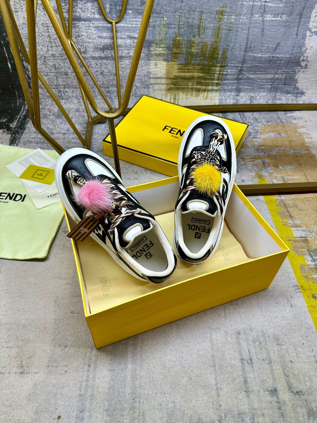 Fendi Match Lace-up Sneakers Black White Sheepskin 575414