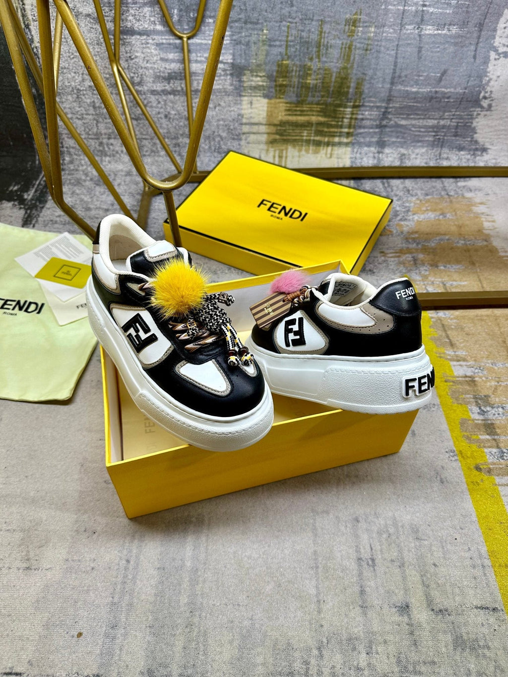 Fendi Match Lace-up Sneakers Black White Sheepskin 575414