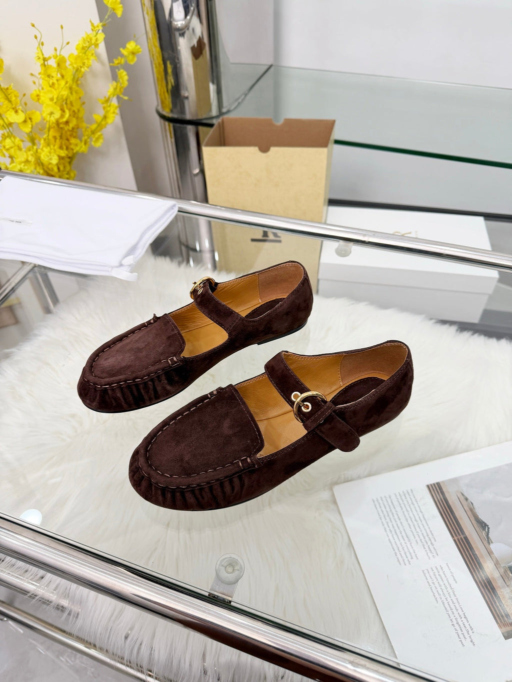 The Row 2026 Mary Jane Flat in Dark Brown Sheepskin 576854