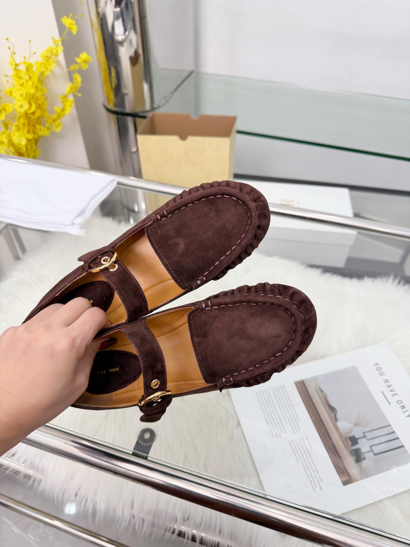 The Row 2026 Mary Jane Flat in Dark Brown Sheepskin 576854