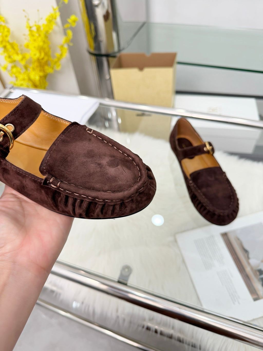 The Row 2026 Mary Jane Flat in Dark Brown Sheepskin 576854