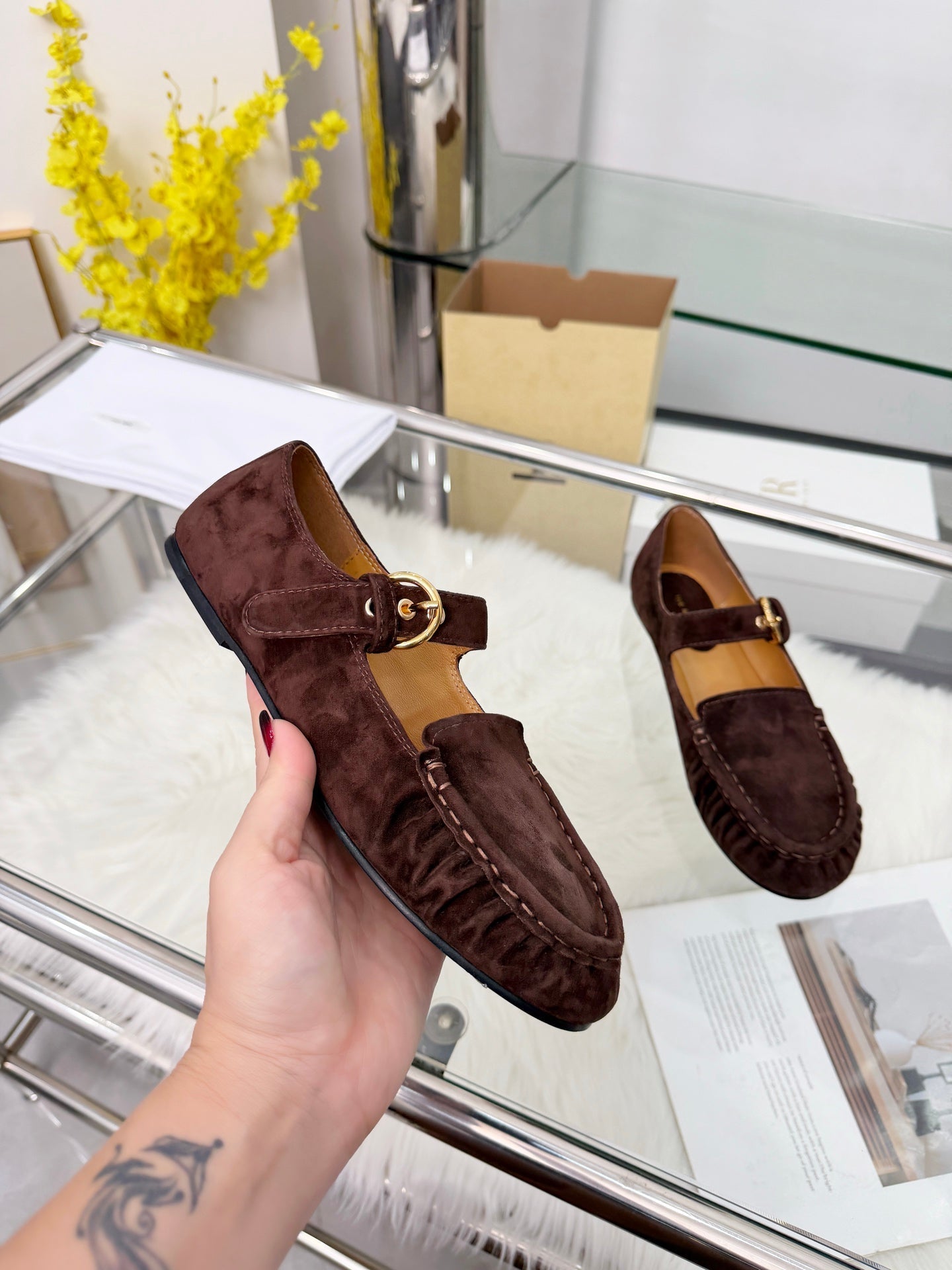 The Row 2026 Mary Jane Flat in Dark Brown Sheepskin 576854