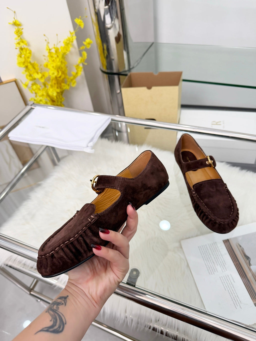 The Row 2026 Mary Jane Flat in Dark Brown Sheepskin 576854