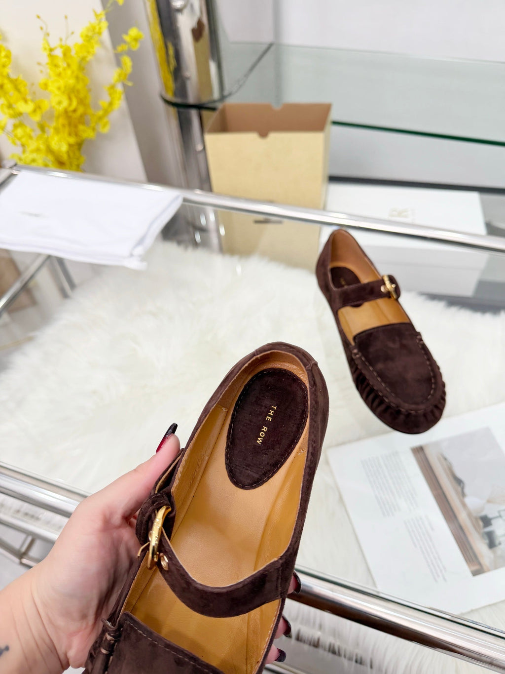 The Row 2026 Mary Jane Flat in Dark Brown Sheepskin 576854